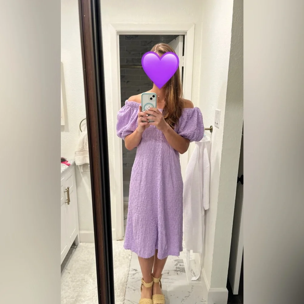Stine Goya Garance Dress Midi Textured Lavender XS off shoulder bump vacation